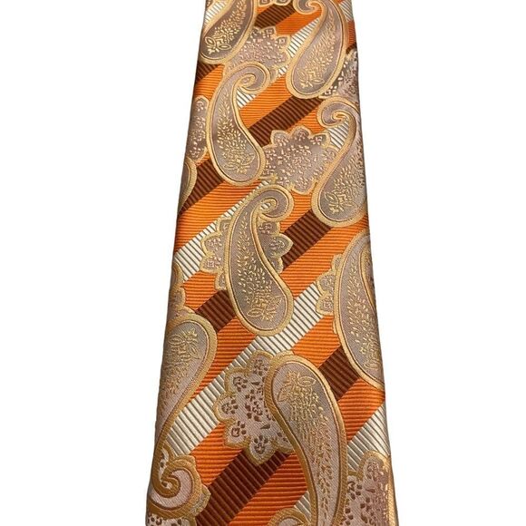 Henri Picard Orange Striped Paisley Big & Tall Extra Long Tie - Picture 2 of 4